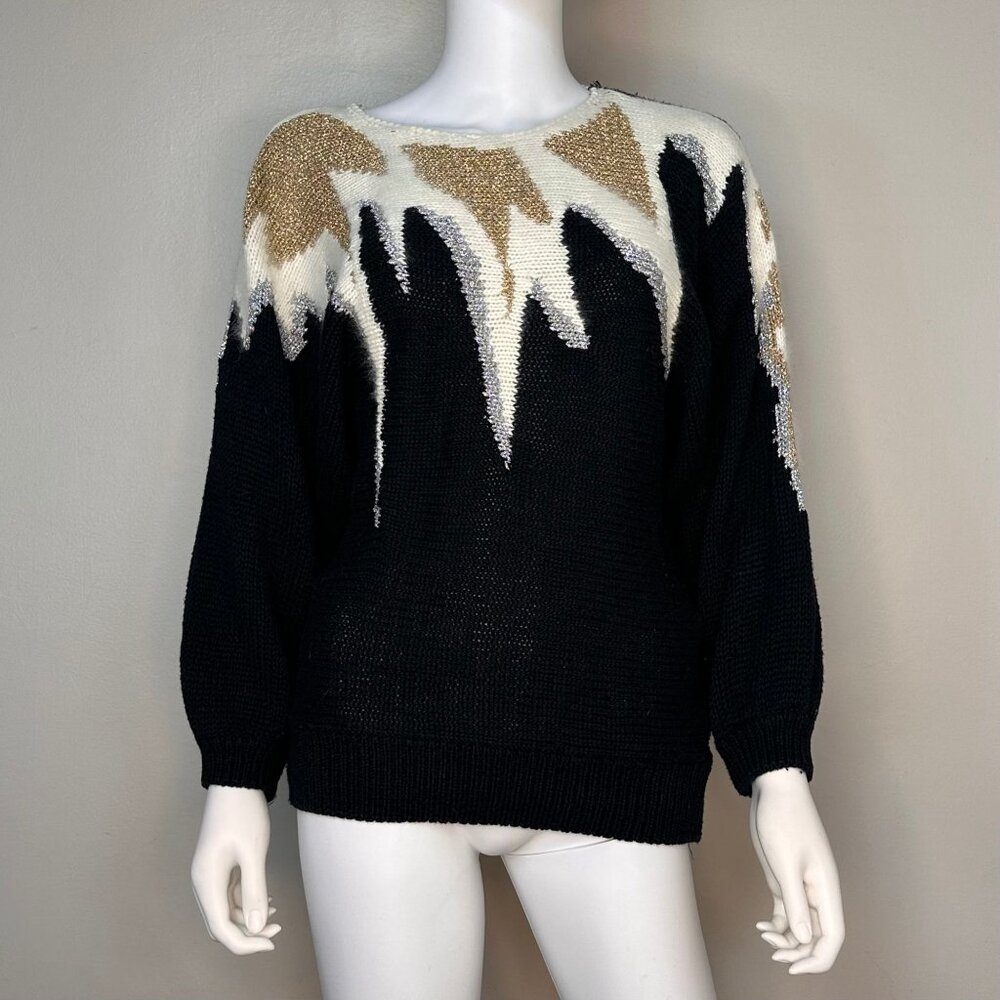 Vintage 1980s/90s Black and Gold Metallic Abstract Sweater Bramble Lane Size S/M